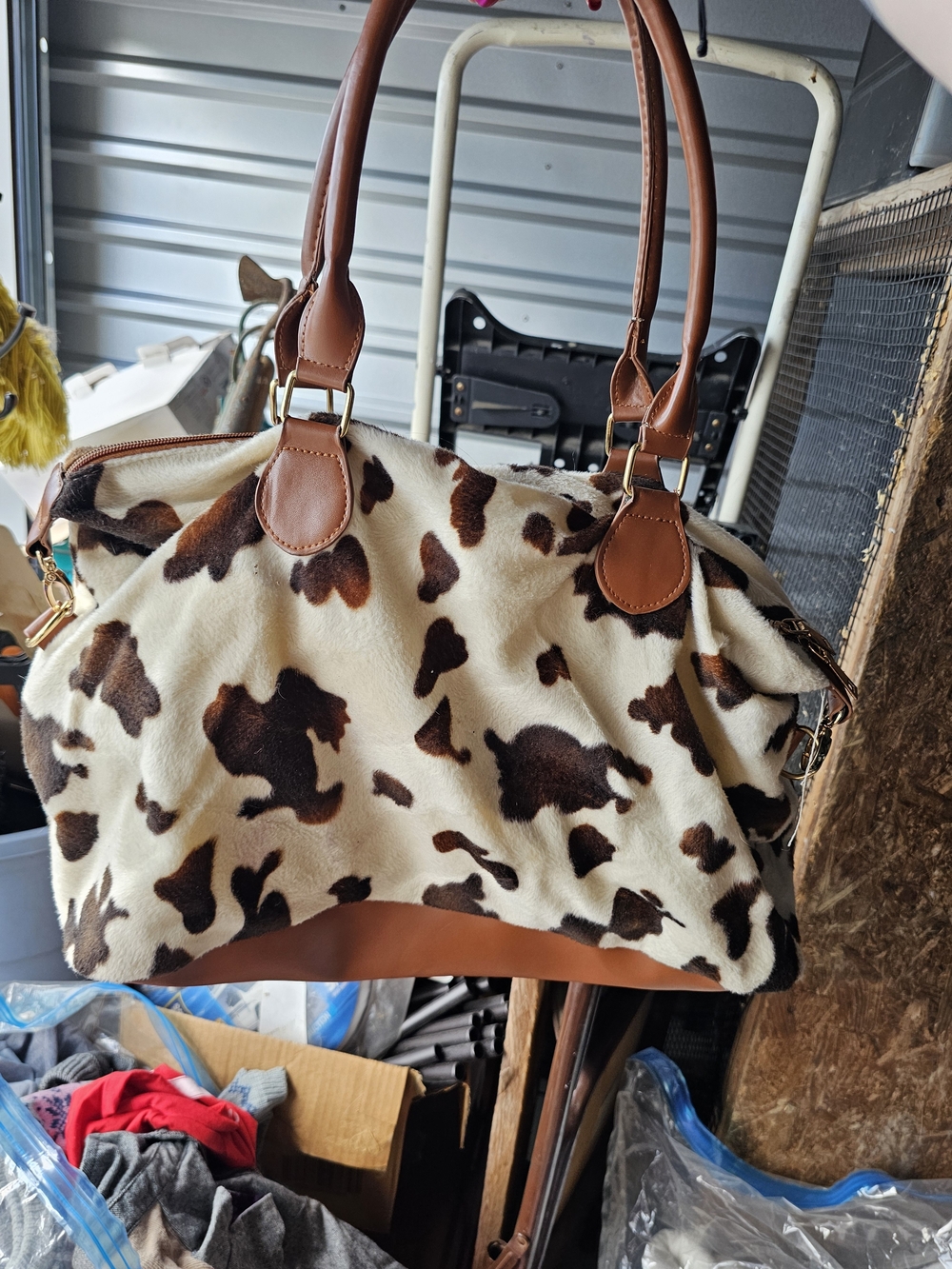 Faux Cowhide Satchel Handbag with Brown Leather Accents
